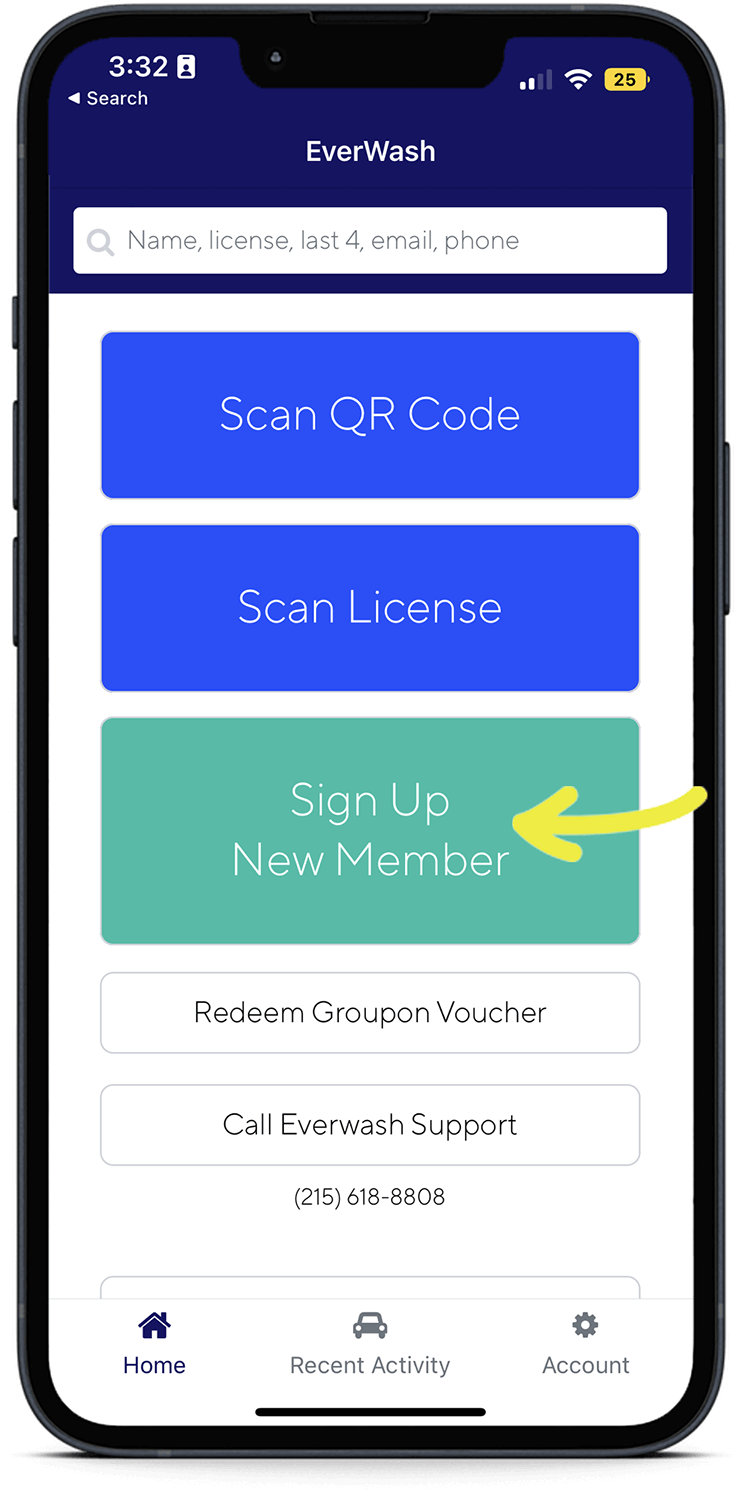 EverWash attendant screen for signing up new members.