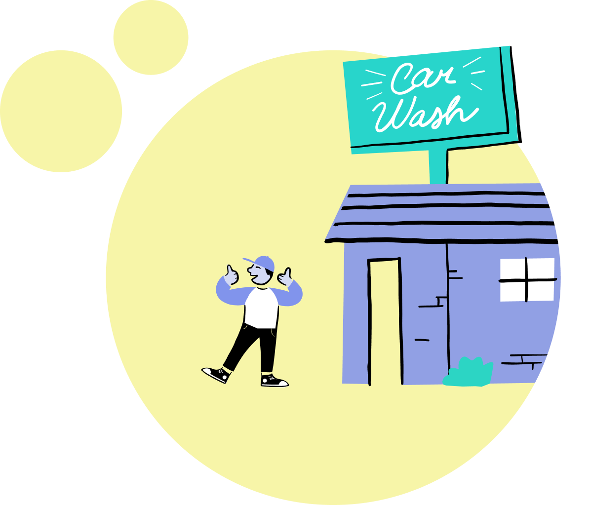 An illustration of a smiling attendant at a car wash.