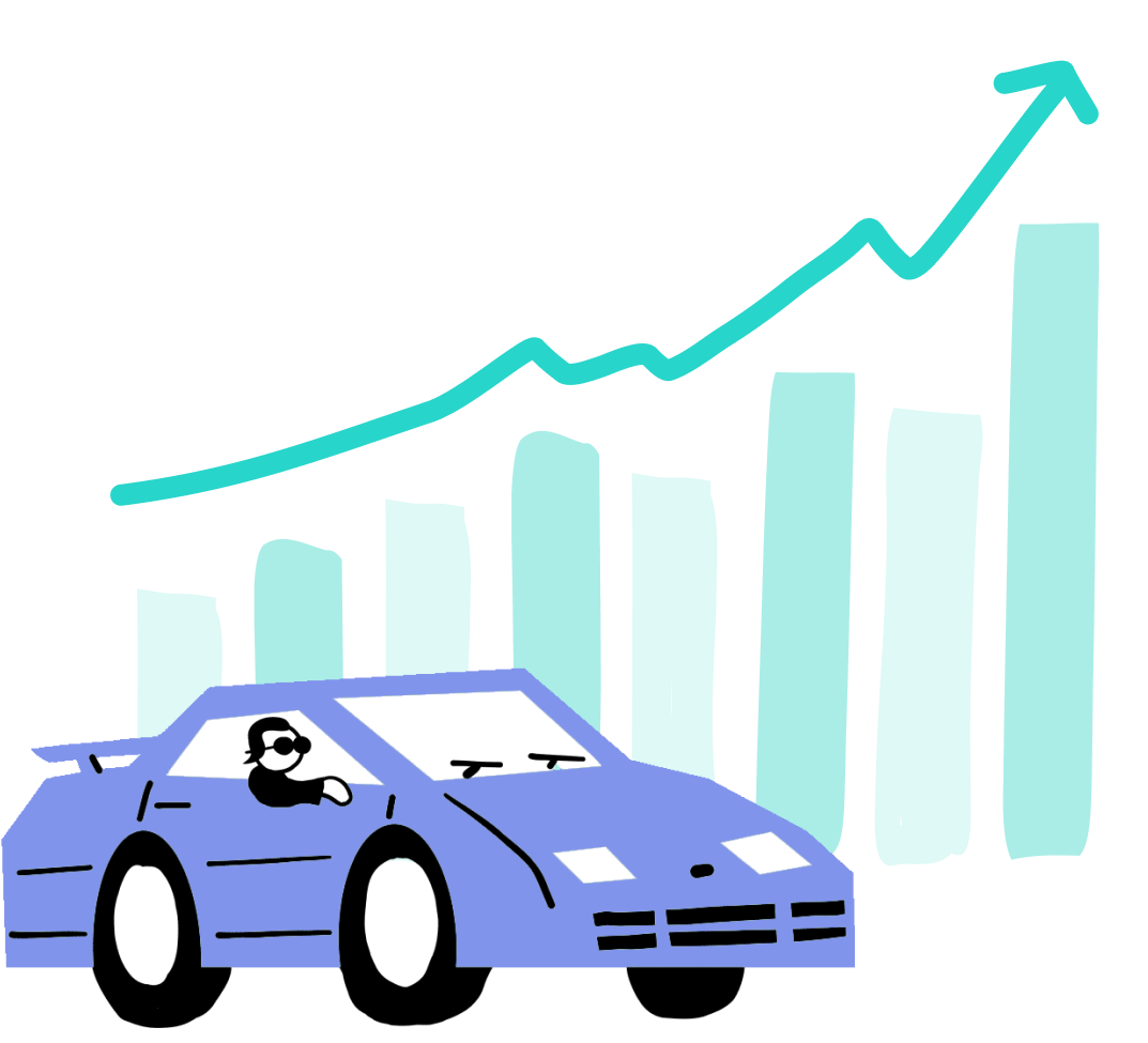 An illustration of a graph with an upward trend and a car.