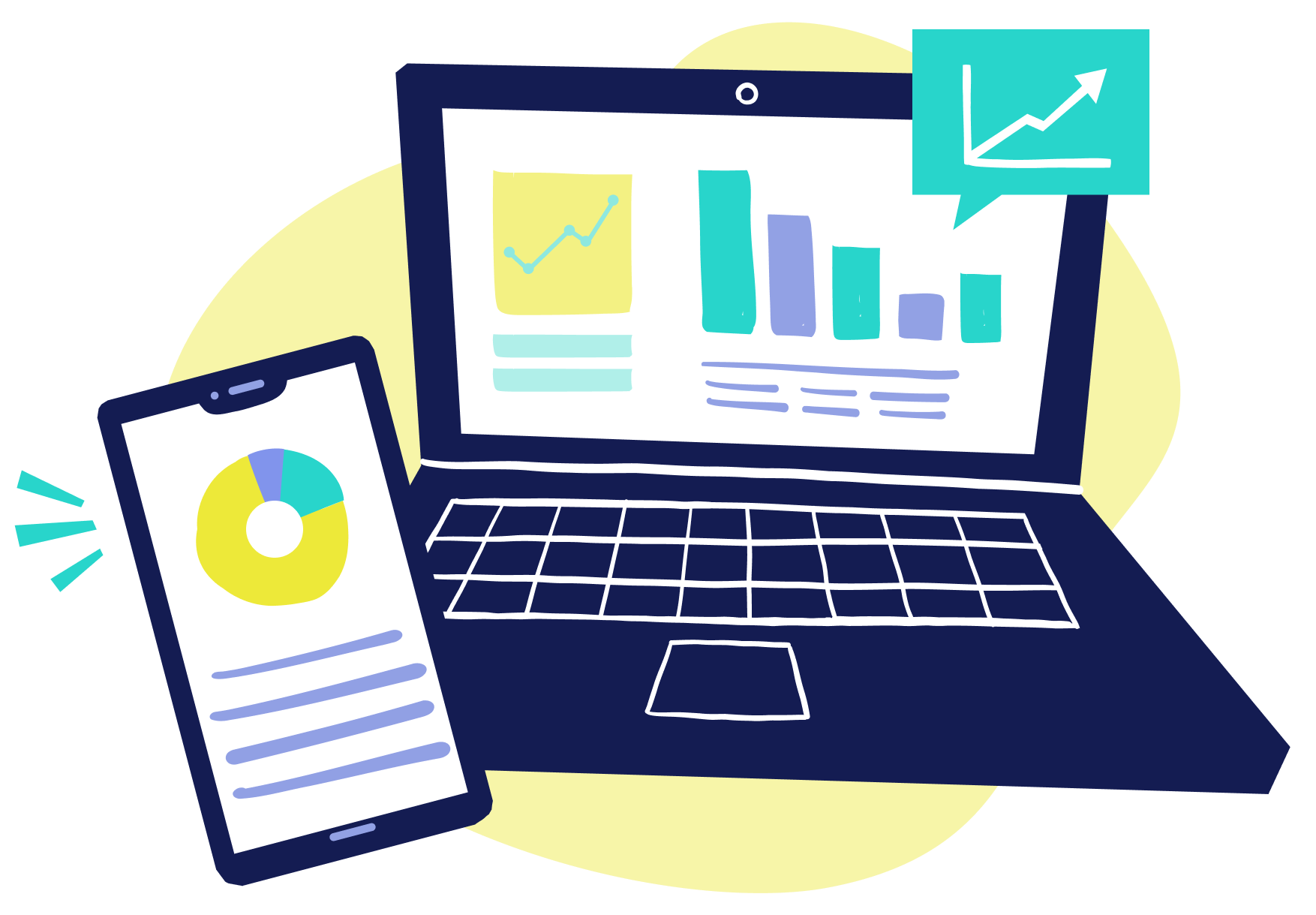 An illustration of an analytics dashboard on a laptop and smartphone.