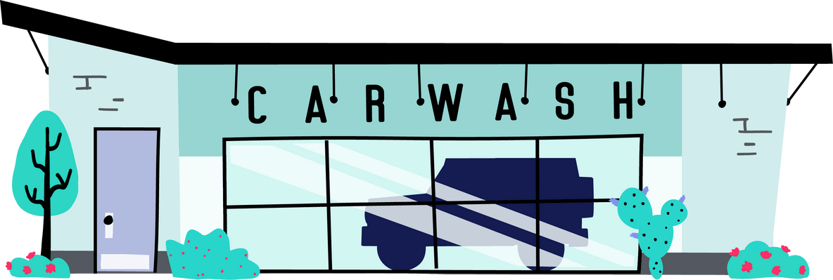An illustration of a car wash with a car driving through.