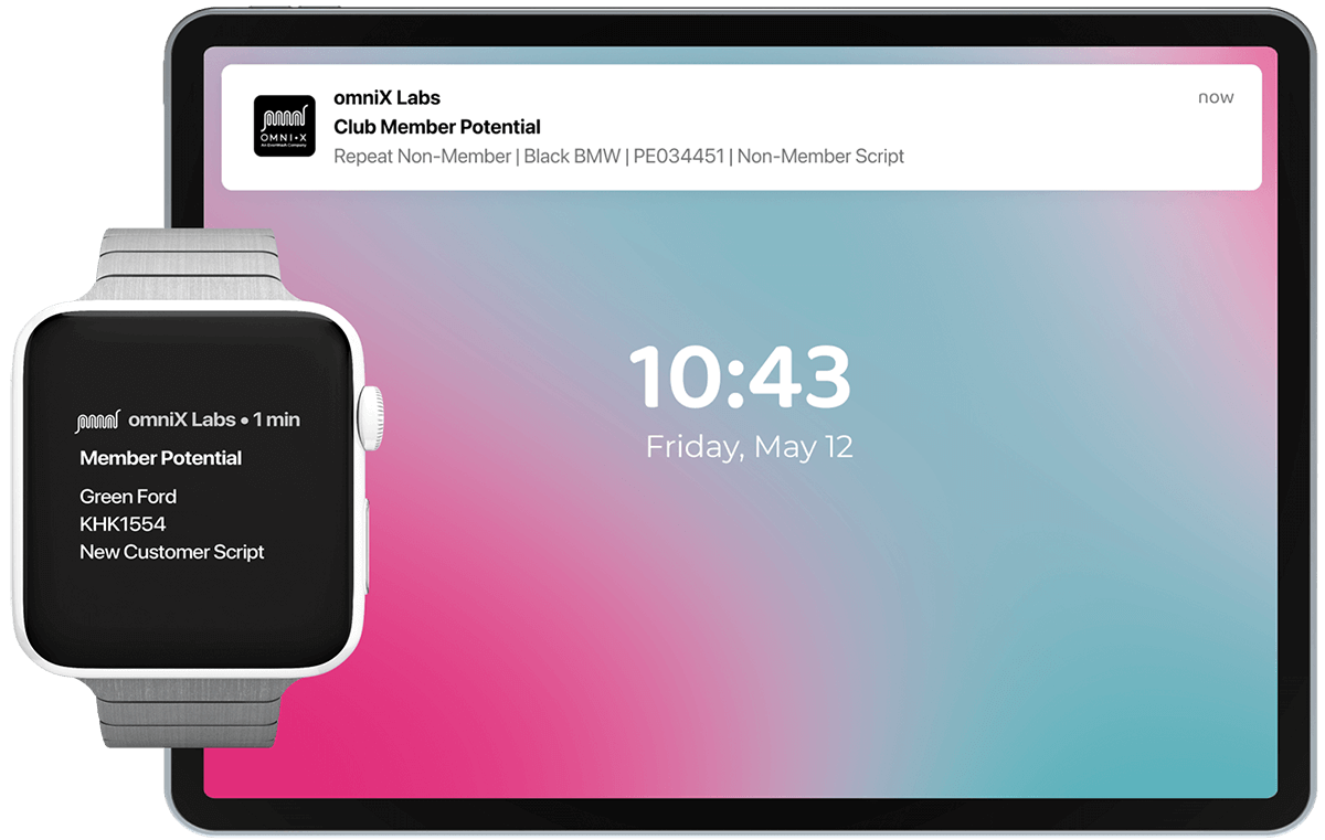 A tablet and smart watch with notifications from omniX's sales navigator on potential sales opportunities.